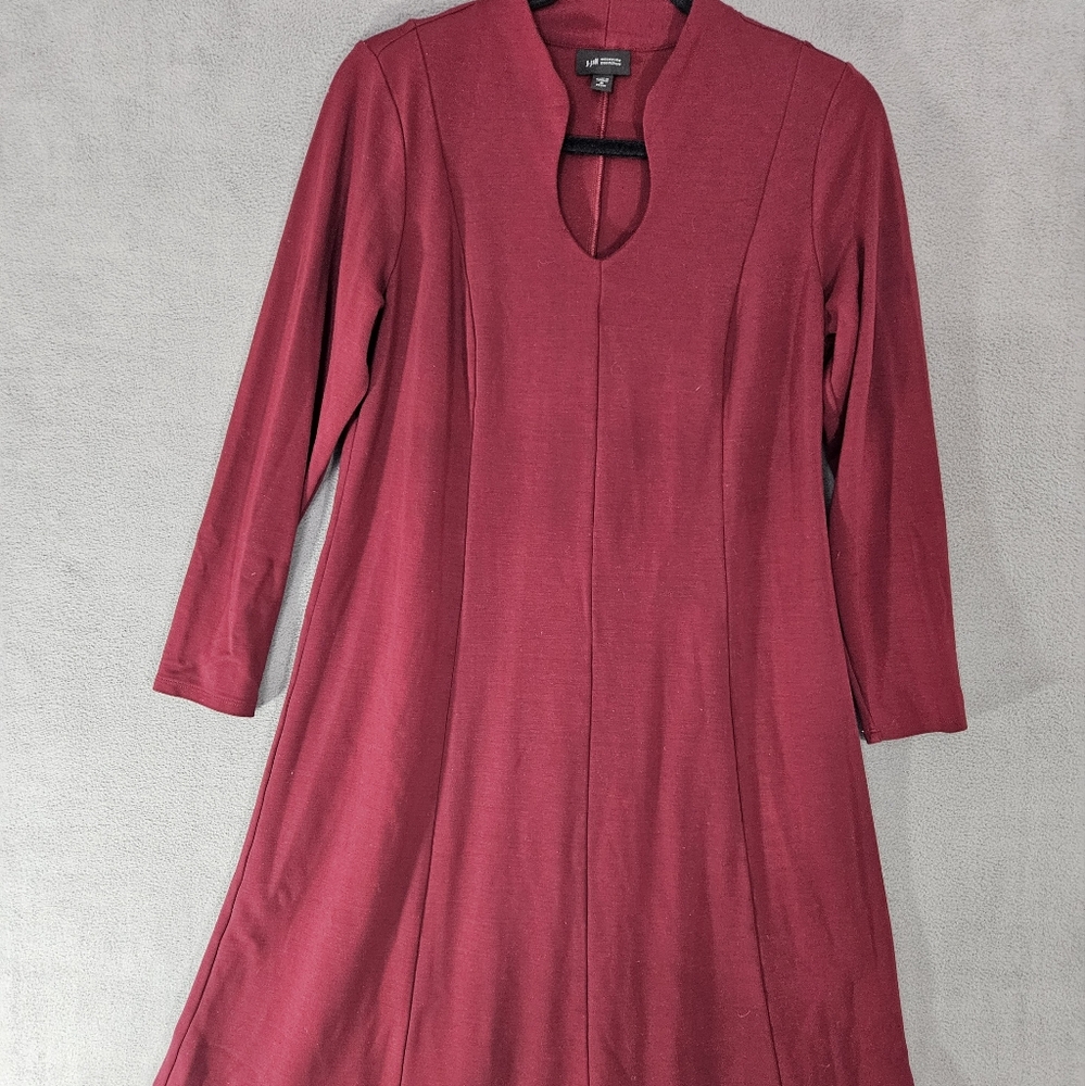 J Jill Wearever Petite Medium MP Midi Dress Burgundy Vneck Stretch Fit Flare